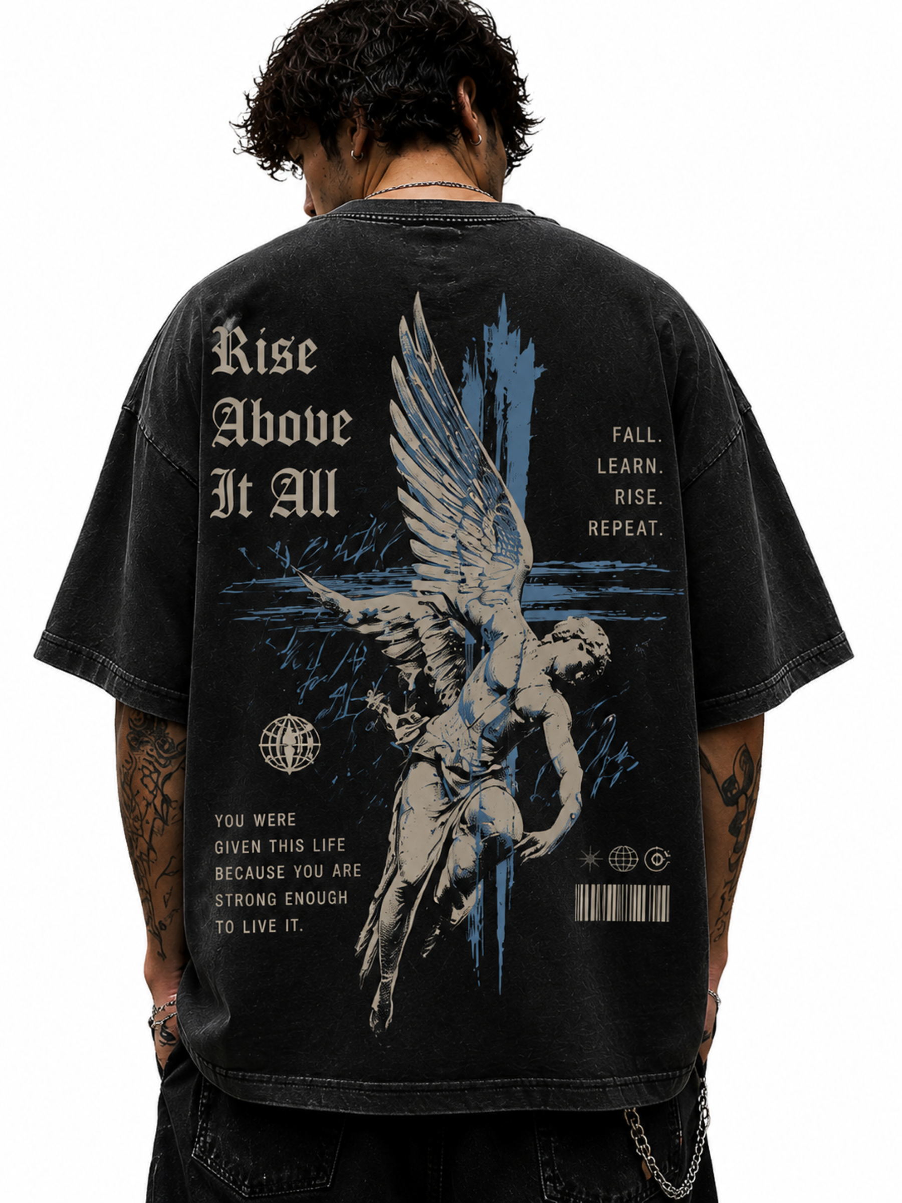 RISE ABOVE IT ALL Oversized Graphic Tee - Acid Wash Black