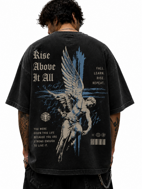 RISE ABOVE IT ALL Oversized Graphic Tee - Acid Wash Black