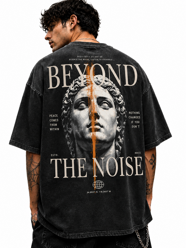 BEYOND THE NOISE Oversized Graphic Tee - Acid Wash Black